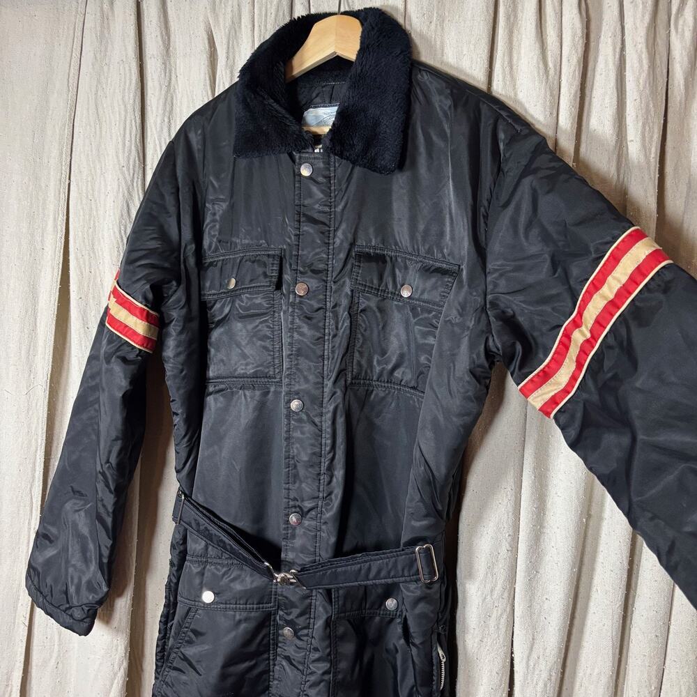 Vintage Fieldmaster Black Insulated Snowmobile‎ Suit Coverall Belt L/XL